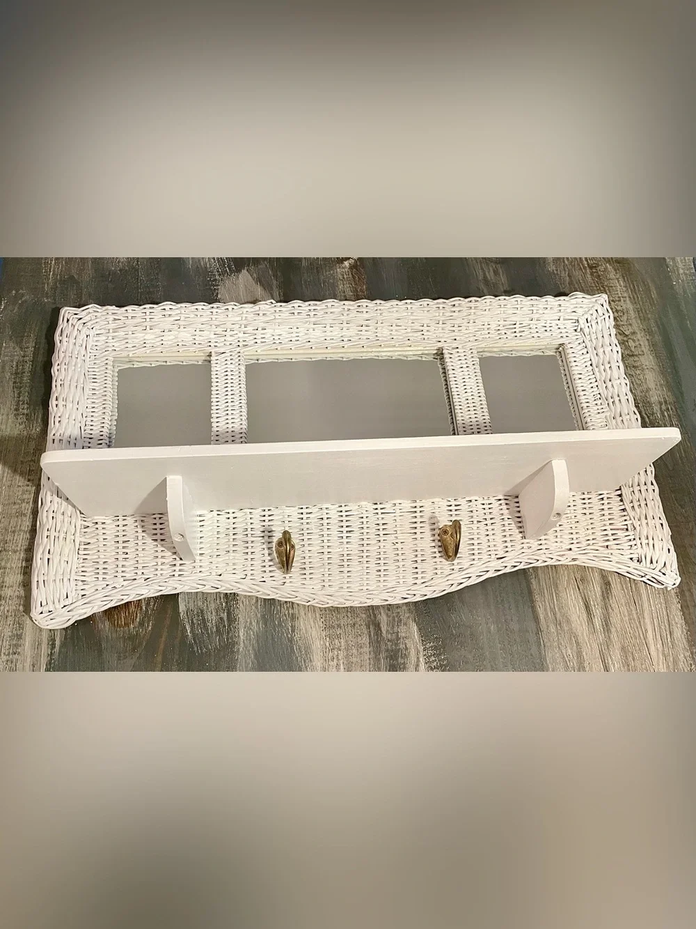 White Wicker Wall Mirror with Shelf & Hooks – Vintage Coastal Cottage Décor